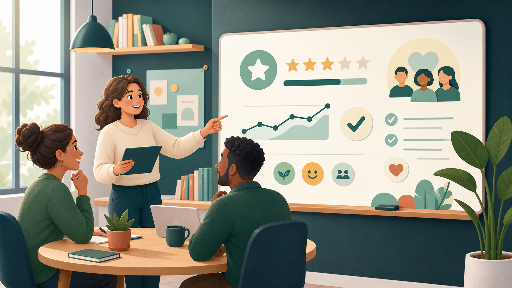 School staff reviewing reward program progress together