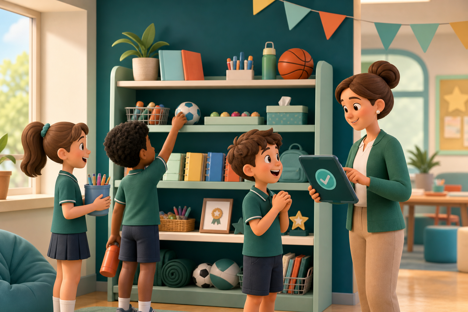 Students choosing rewards from a staff-managed school reward shop